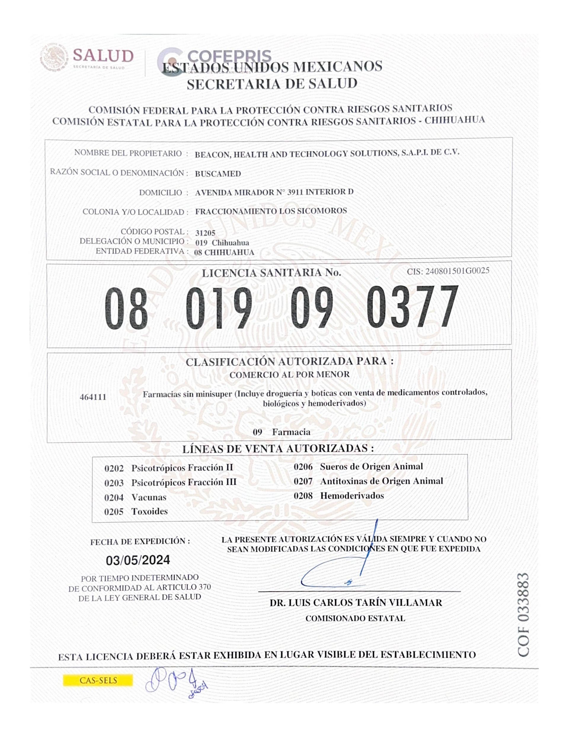 Licencia Sanitaria de COFEPRIS - Página 1